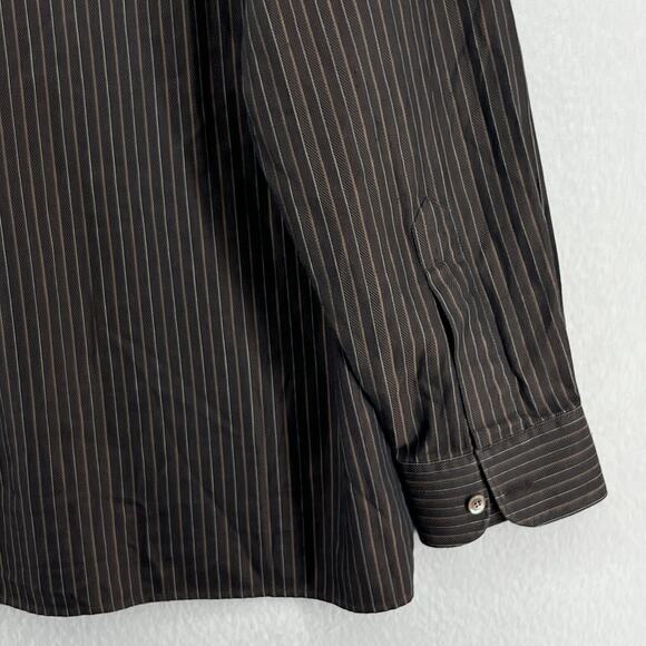 ERMENEGILDO ZEGNA Shirt Mens XL Striped Herringbone Twill Button Up Cotton Brown - Picture 9 of 15